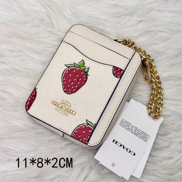 블링크,코치 CAR32 스트로베리 프린트 ID 배지 지퍼 카드 지갑