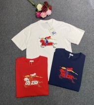 버버리 BURBERRY 기사 로고 자수가 놓인 면 소재 크루넥 반팔 티셔츠 XS-L