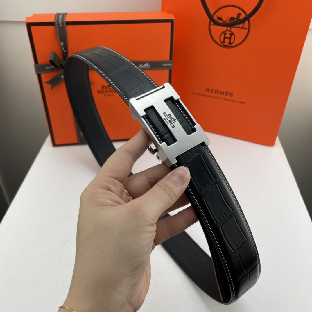 에르메스 Hermès 남성용 벨트 탑 레이어 소가죽 악어 패턴, 자동 스틸 버클